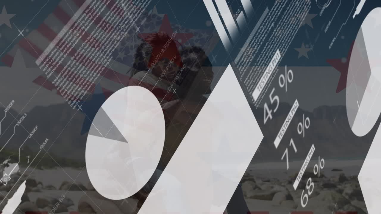 Animation of data and graphs over usa flag and african american couple outdoors
