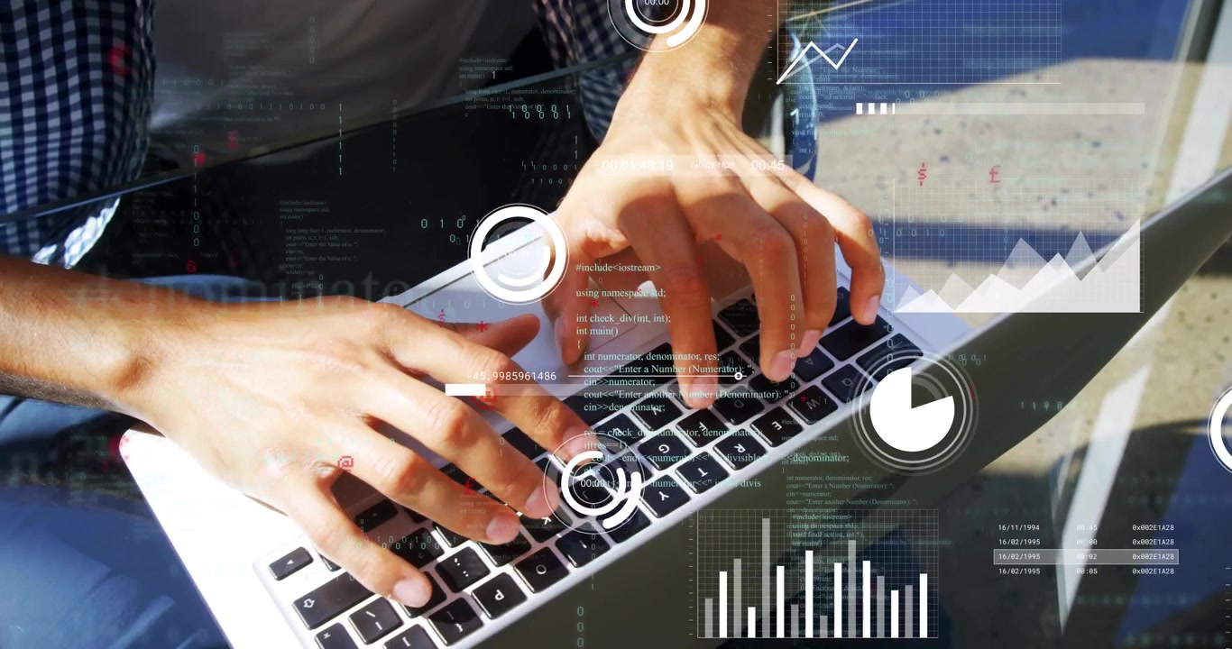 Man pressing key at table by window, starting typing and summoning analytics charts over hands