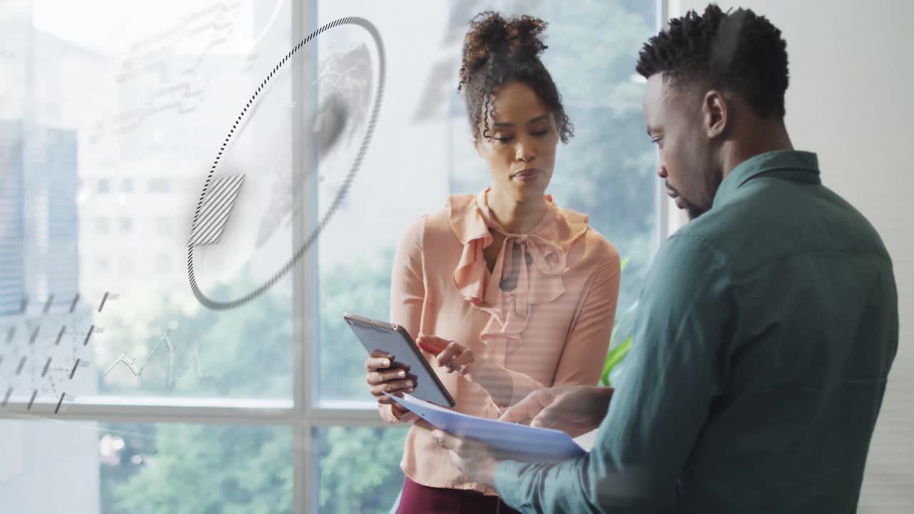 Animation of data processing over diverse business people in office