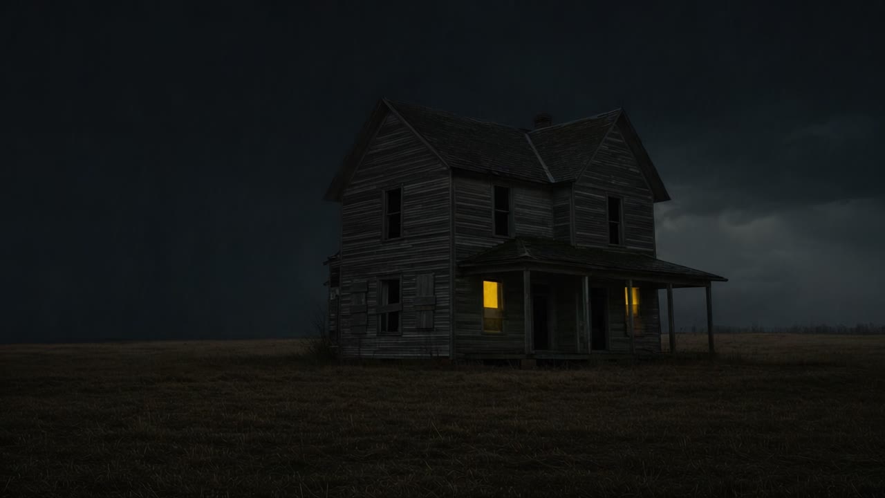 Ein gespenstisch schönes verlassenes Haus, beleuchtet von unheimlichem Licht inmitten einer stürmischen Nacht, das die Spannung und das Geheimnis der Wut der Natur einfängt