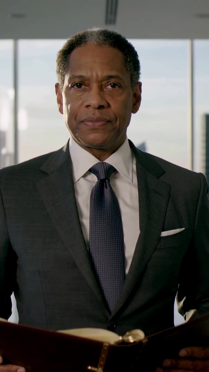 Vertical video: Zooming on suited man speaking at lectern in office with folio, giving statement