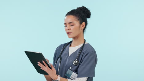 doctor, woman thinking and tablet for healthcare