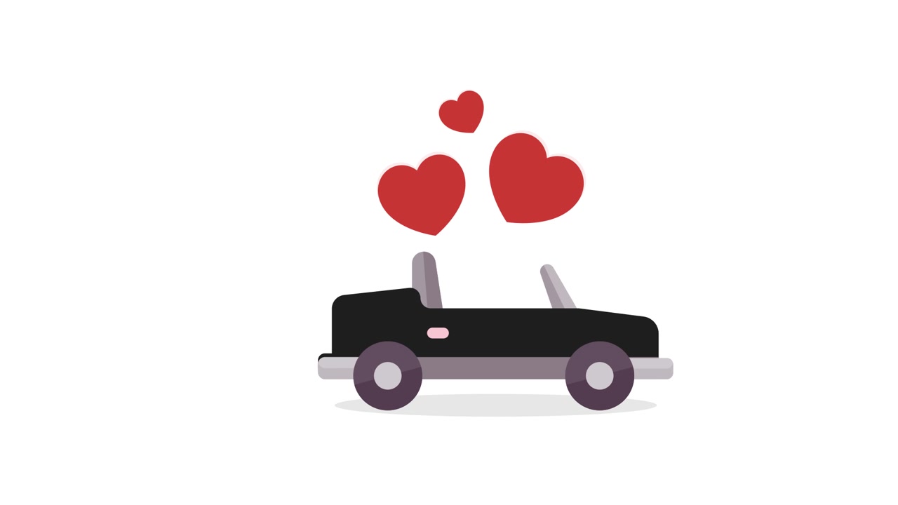 Animazione flat design di un'auto decappottabile con cuori