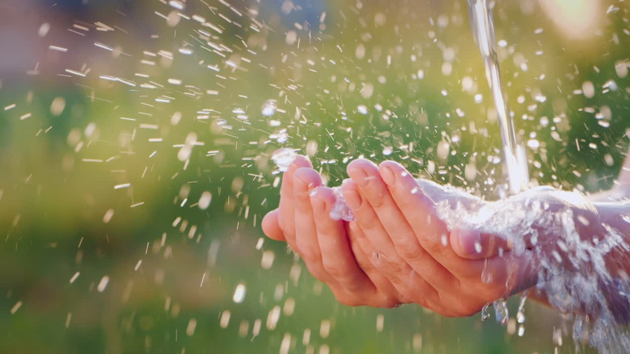 el agua fluye hacia las palmas humanas abiertas, las salpicaduras se separan efectivamente en el video de cámara lenta del sol