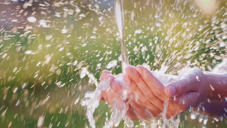 水流入開放的人類手掌中 噴水在太陽下有效地飛散 慢動作視頻