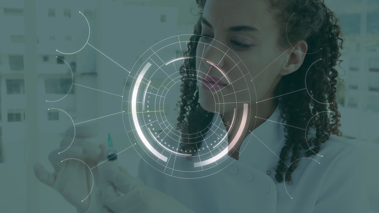 In laboratory, scientist examining syringe with digital animation overlay