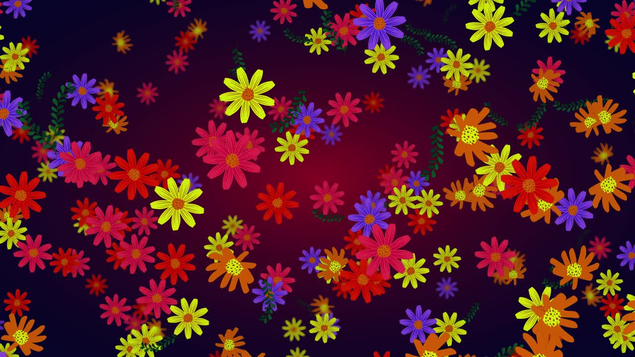 Animated colorful blossoms fall and drift across a dark purple gradient background in slow motion