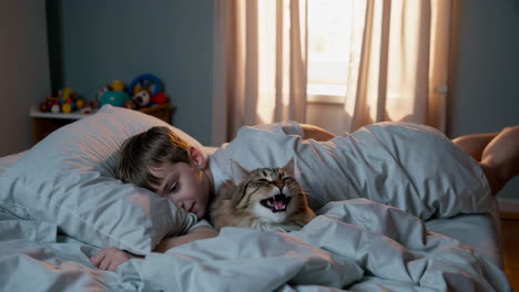 Boy and cat sleeping in bed