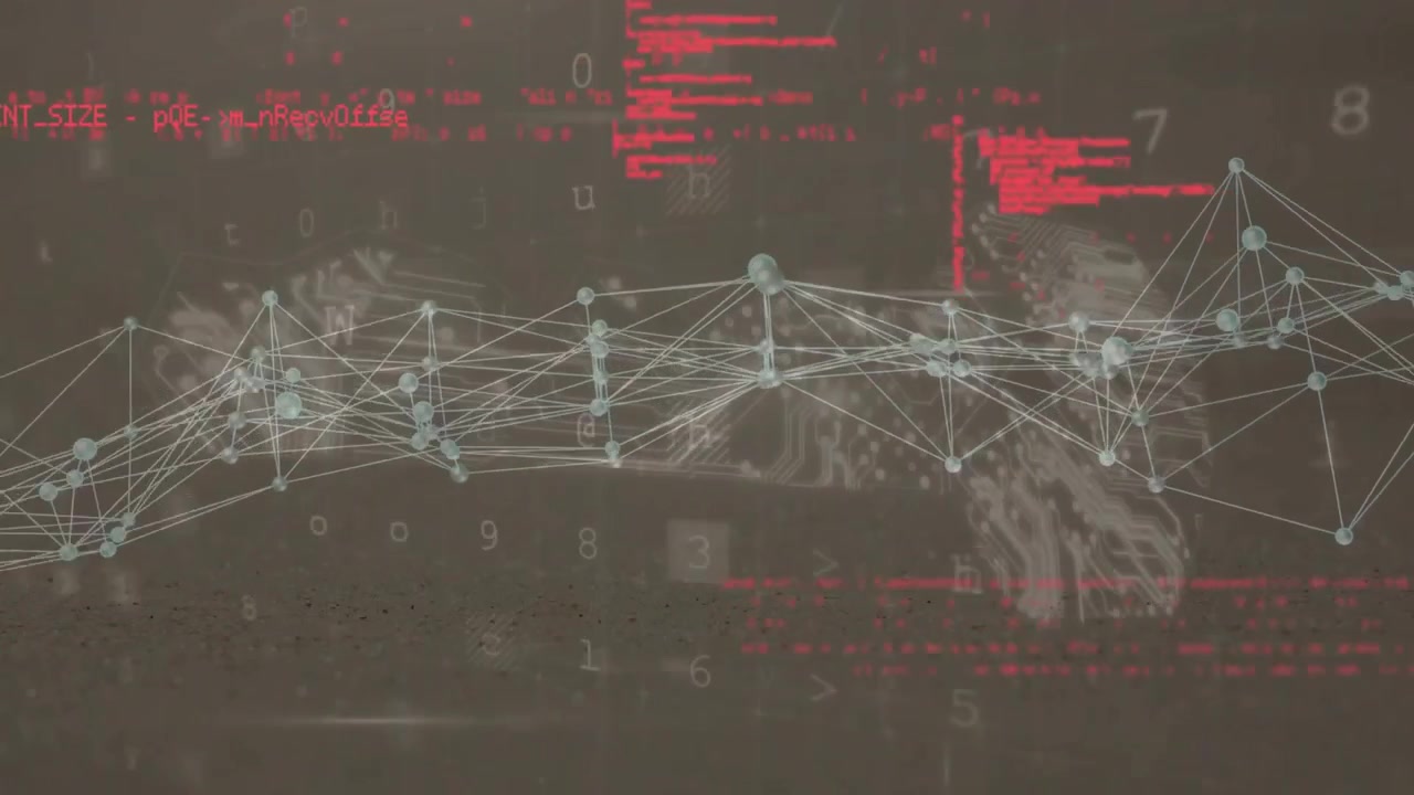 Code-triggered glowing nodes emerging and connecting into network visualizing data flow
