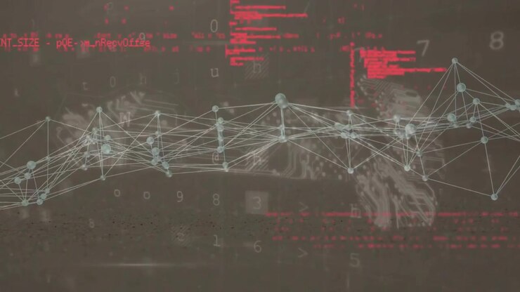 Code-triggered glowing nodes emerging and connecting into network visualizing data flow