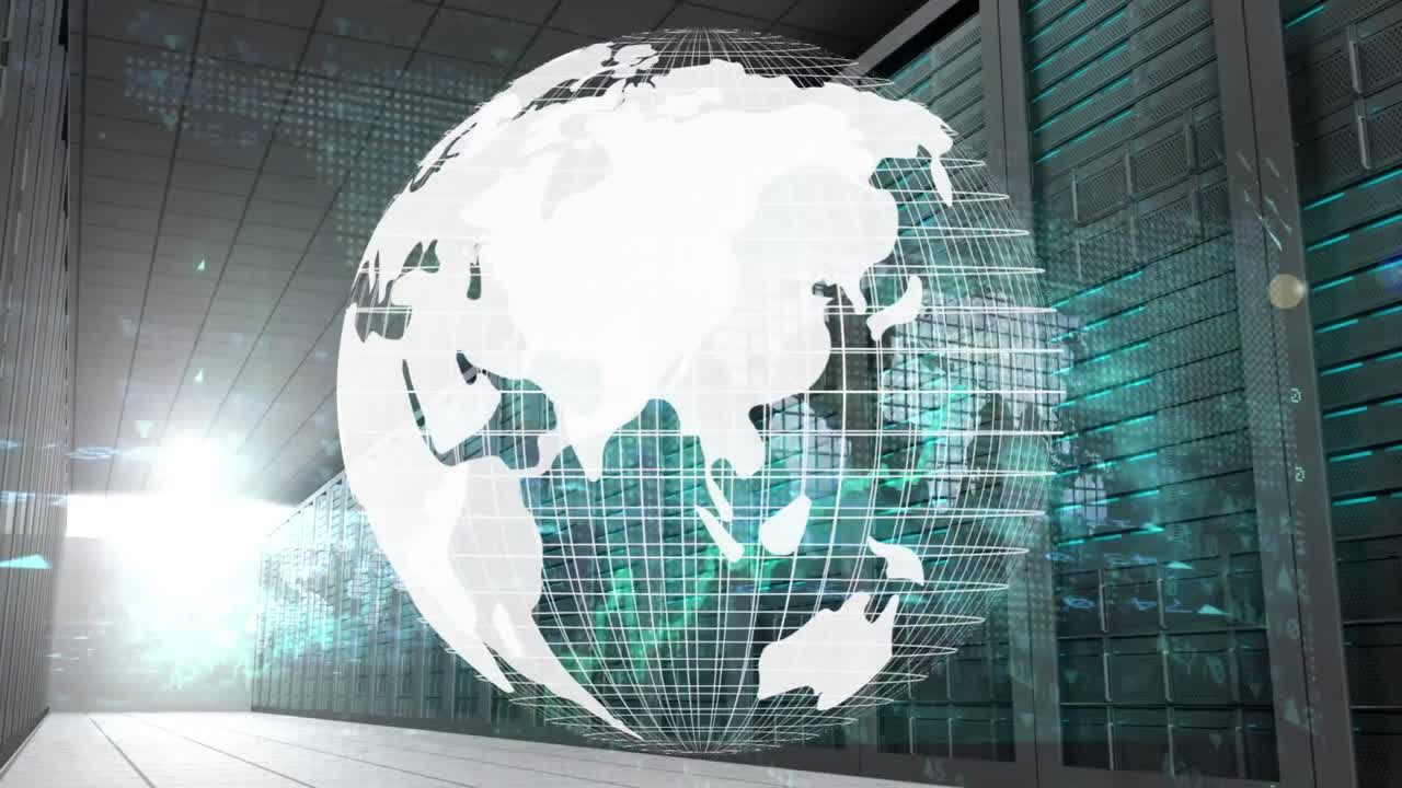 Animation of globe and data processing over computer servers
