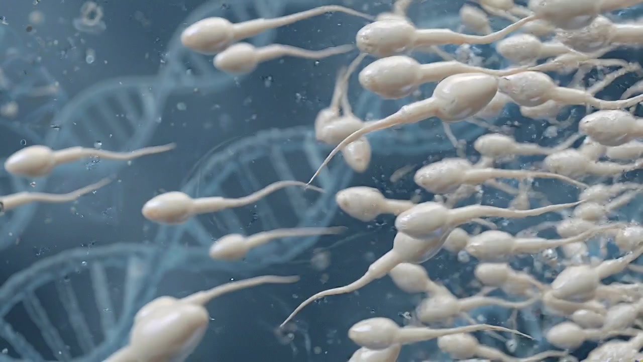 Mikroskopisk visning av sædceller som svømmer mot en DNA-tråd