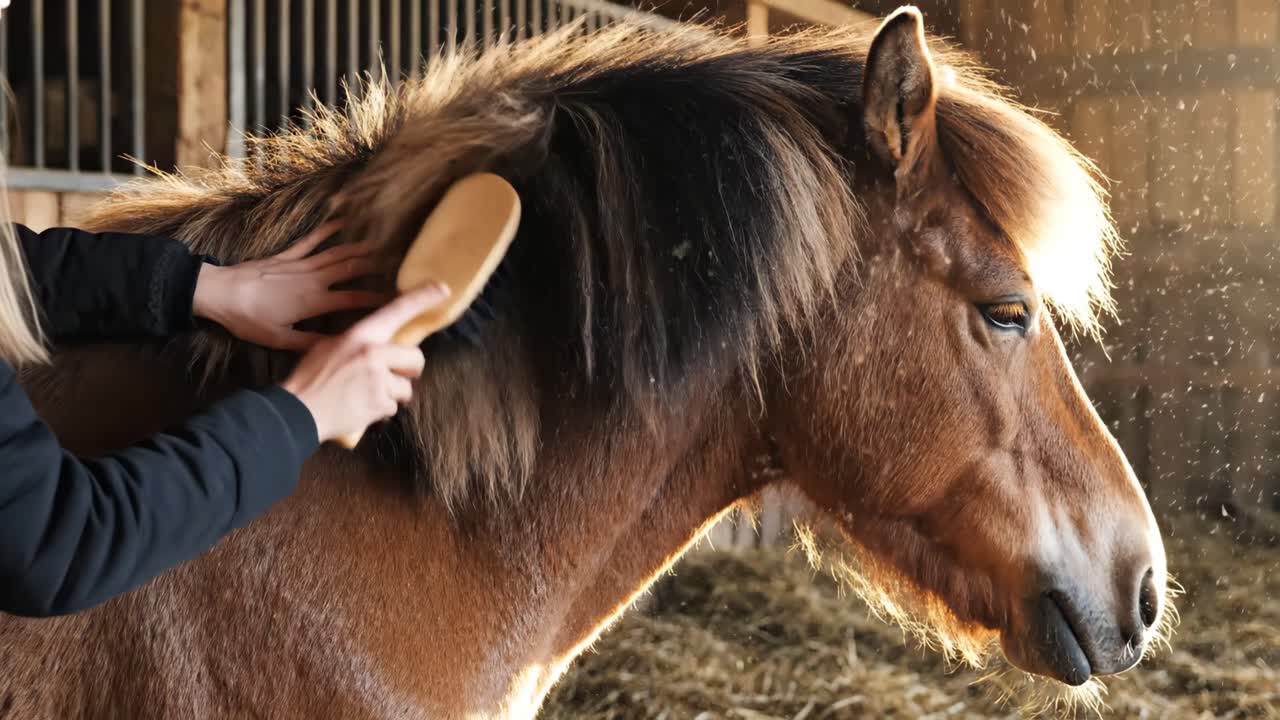 Grooming a horse
