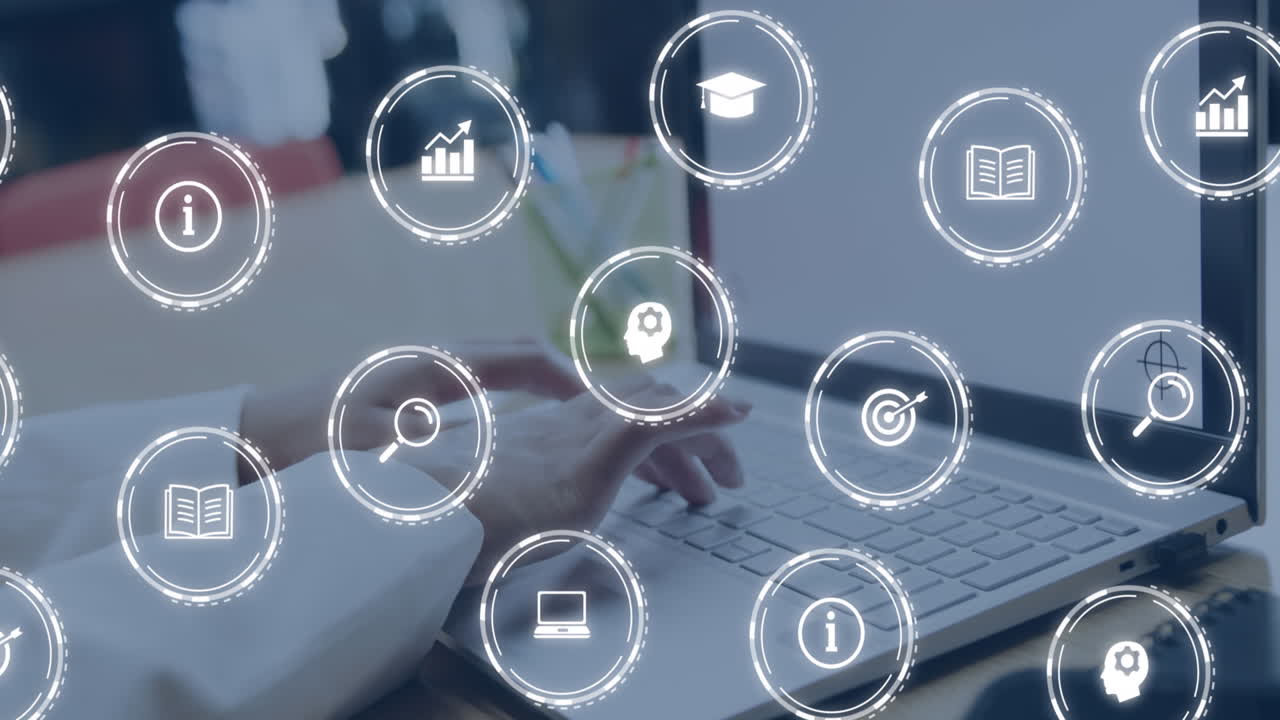 animación de una red de conexiones con iconos sobre una mujer de negocios biracial usando una computadora portátil