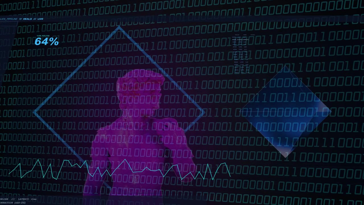 Diamond box forming and cyber-UI detecting magenta silhouette, tracking, fading, showing 64%