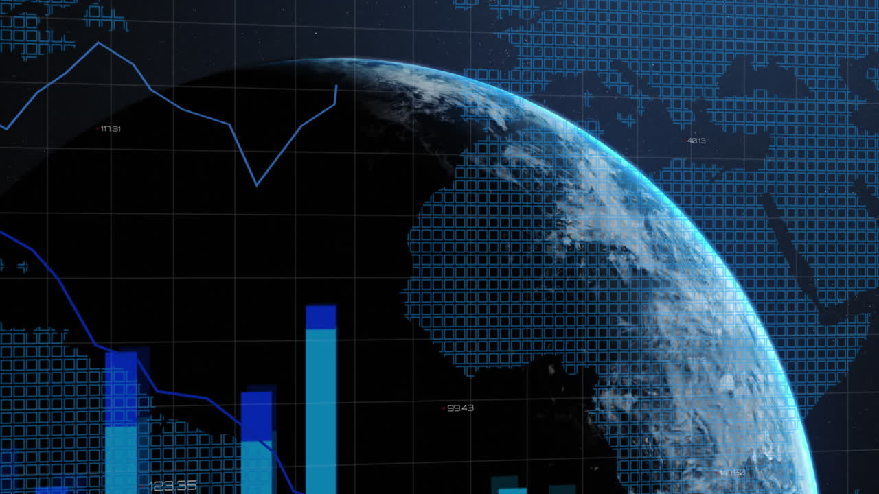 Animation of globe and network of connections over blue grid