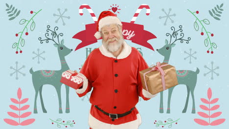 holding gifts, santa claus with reindeer and candy canes, holiday animation