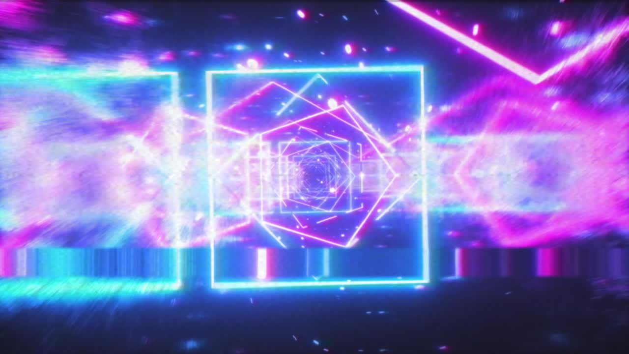 vuelo loco en un espacio retro futurista a través de figuras brillantes de neón al estilo de los años 80. animación de bucle sin costuras. efecto vhs de película con distorsiones, ruido y aberración cromática