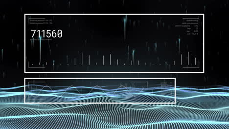 digital data processing animation over abstract landscape with numerical values