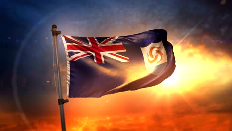 la bandera de anguilla retroiluminada en un hermoso ciclo de amanecer en cámara lenta 4k
