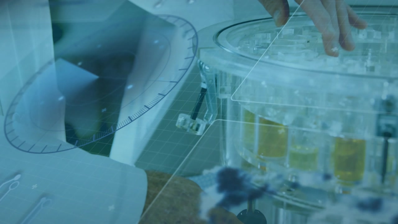Placing hand on lid, scientist in lab rotating it lifting test tube with overlays mapping angles