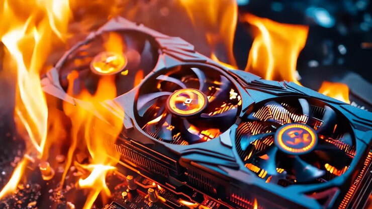 A close up of a video card on fire