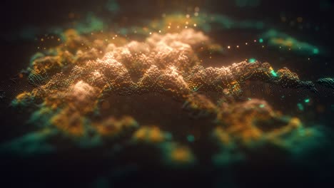 3d technological hologram, science hud interface element. abstract waving surface from many glowing particles, connection background, ripples animation, trading graphics, charts. 4k seamless loop