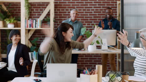 team, laptop and business woman excited