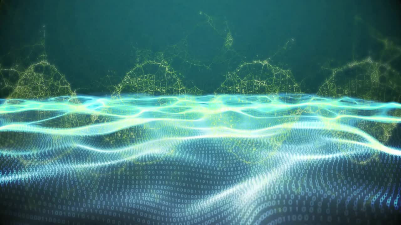 Luminous mesh reacting to cyan bands, rippling, revealing golden rings, forming steady rhythm