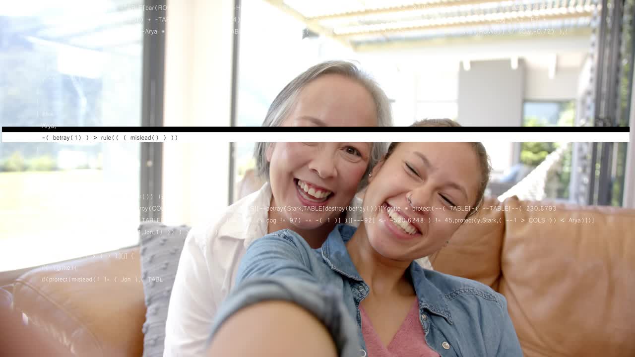 Teen daughter holding phone, taking family selfie while mom leaning in, glitch bars obscuring faces