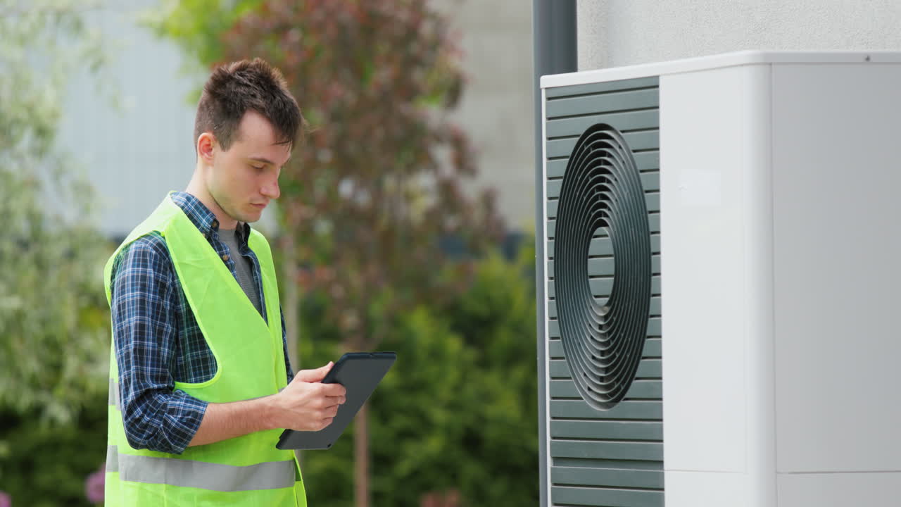 A young engineer sets up a heat pump near a private house. Uses a tablet