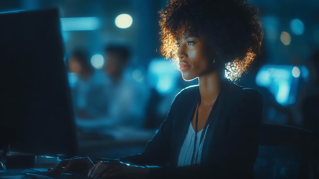 Focused Young Professional Working Late in a Dimly Lit Office, Engaged in Deep Concentration While Analyzing Data on a Computer Screen
