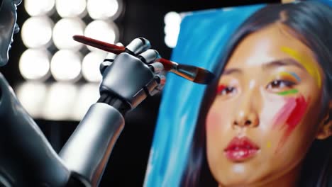 a robotic artist perfects a colorful portrait of a young woman amidst a studio environment, highlighting the intersection of technology and creativity