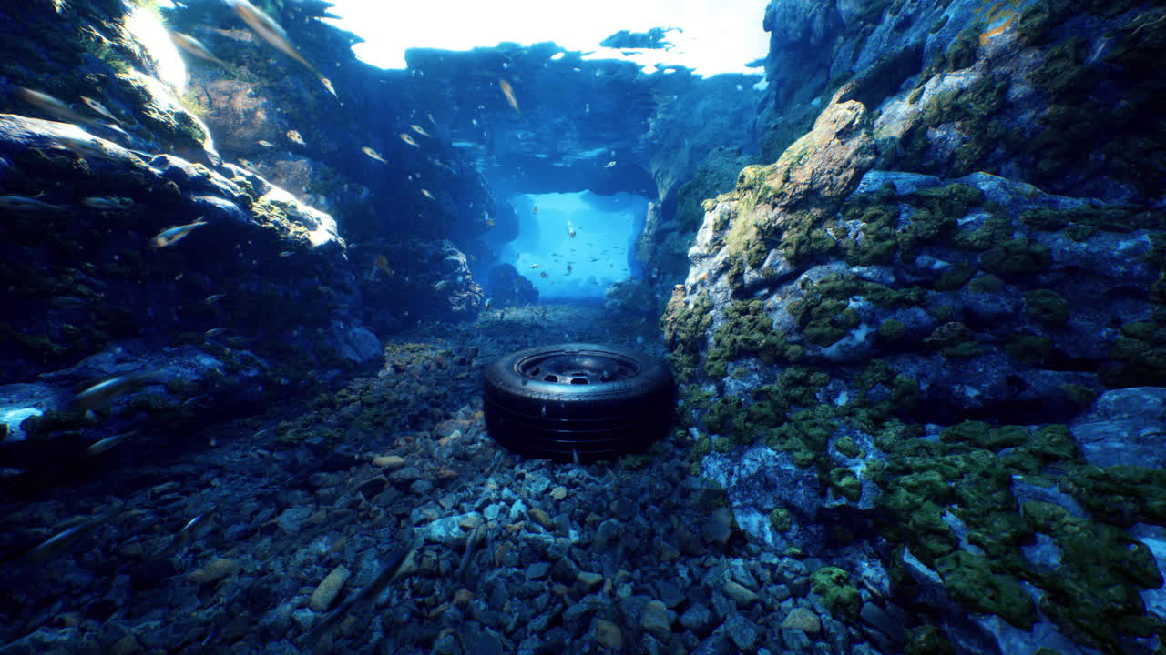 Underwater exploration features a submerged tire surrounded by rocky terrain
