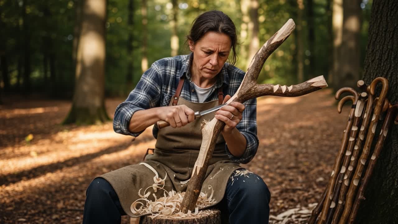 Expert Craftsmanship in Woodcarving: The Art of Shaping Natural Materials into Unique Creations in a Serene Forest Setting