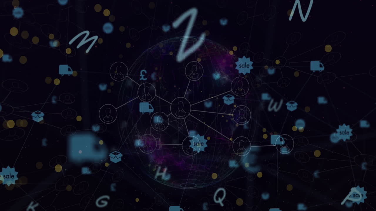 animación de la red de conexiones con iconos digitales sobre fondo negro