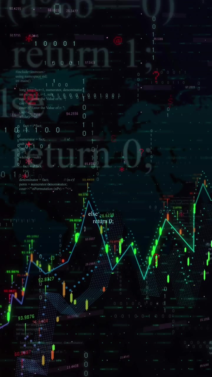 Display digitale astratto di dati finanziari, codice di programmazione e mappa del mondo