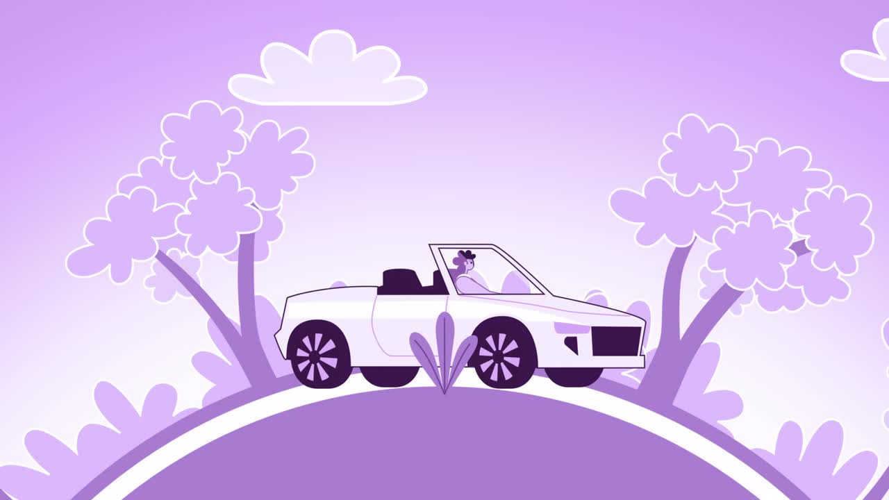 фиолетовый стиль женщина плоский характер на открытом воздухе вождение белого кабриолета анимация петли