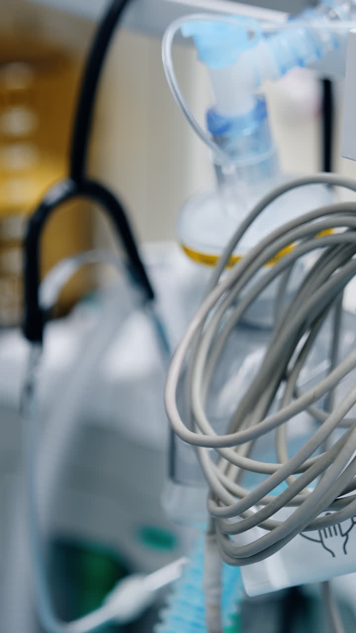 Folded wire from the medical equipment hanging in the ward. Lung ventilator machine at backdrop. Vertical video