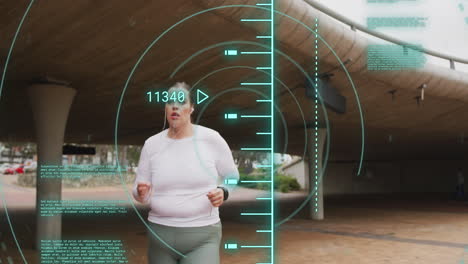 animación de procesamiento de datos sobre tamaño plus mujer caucásica haciendo ejercicio en la ciudad