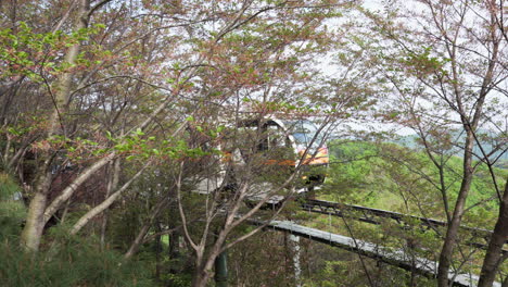 Tren-Monorriel-Con-Turistas-Que-Viajan-A-Través-Del-Ferrocarril-En-El-Jardín-Botánico-Hwadamsup-En-Gwangju,-Corea-Del-Sur