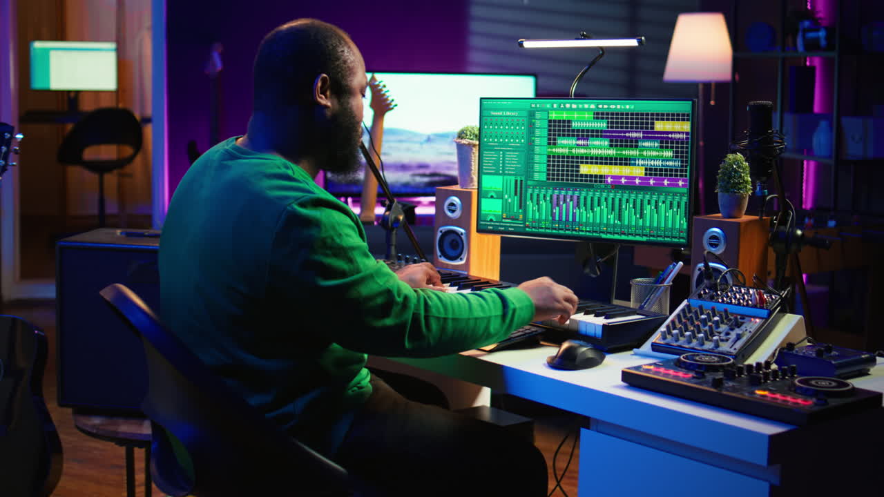 ingeniero de audio grabando y produciendo nuevas melodías en software profesional de pc
