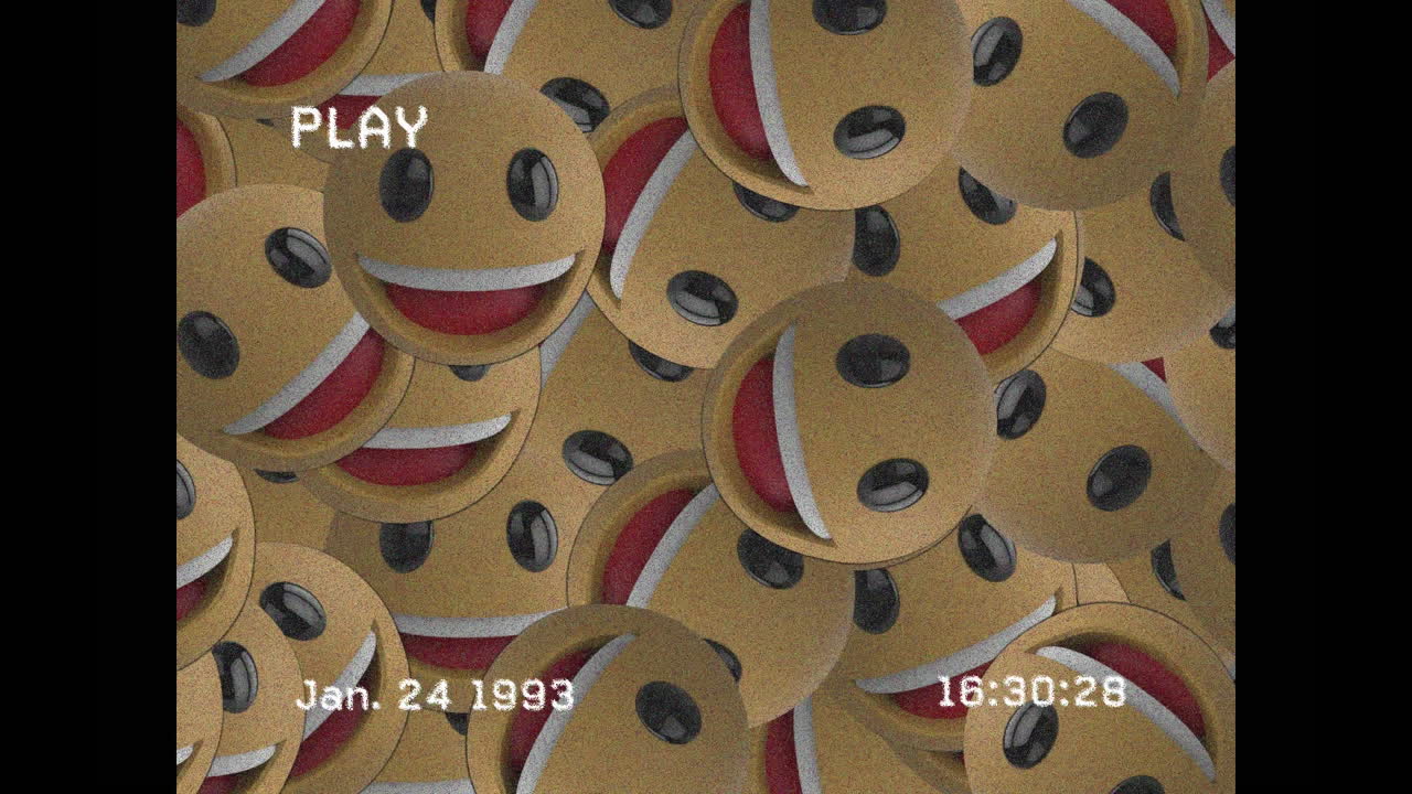 다수의 미소 짓는 이모티콘이 검은색 배경에 떨어지는 vhs 장애 효과의 디지털 애니메이션