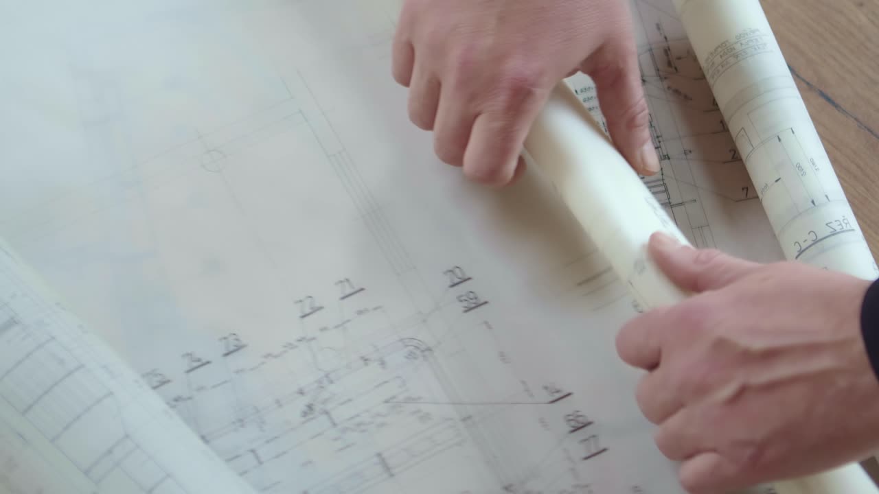 el arquitecto enrolla los planes de construcción en papel de calco en un rollo limpio