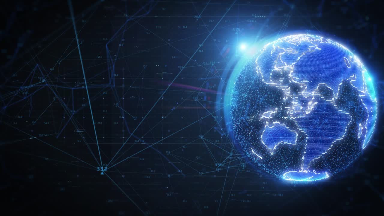 Technology Digital Blue Earth Rotation with Connection Line Number Data Network Simulation 4K Motion Background. Futuristic Scientific Global Communication Infographic.