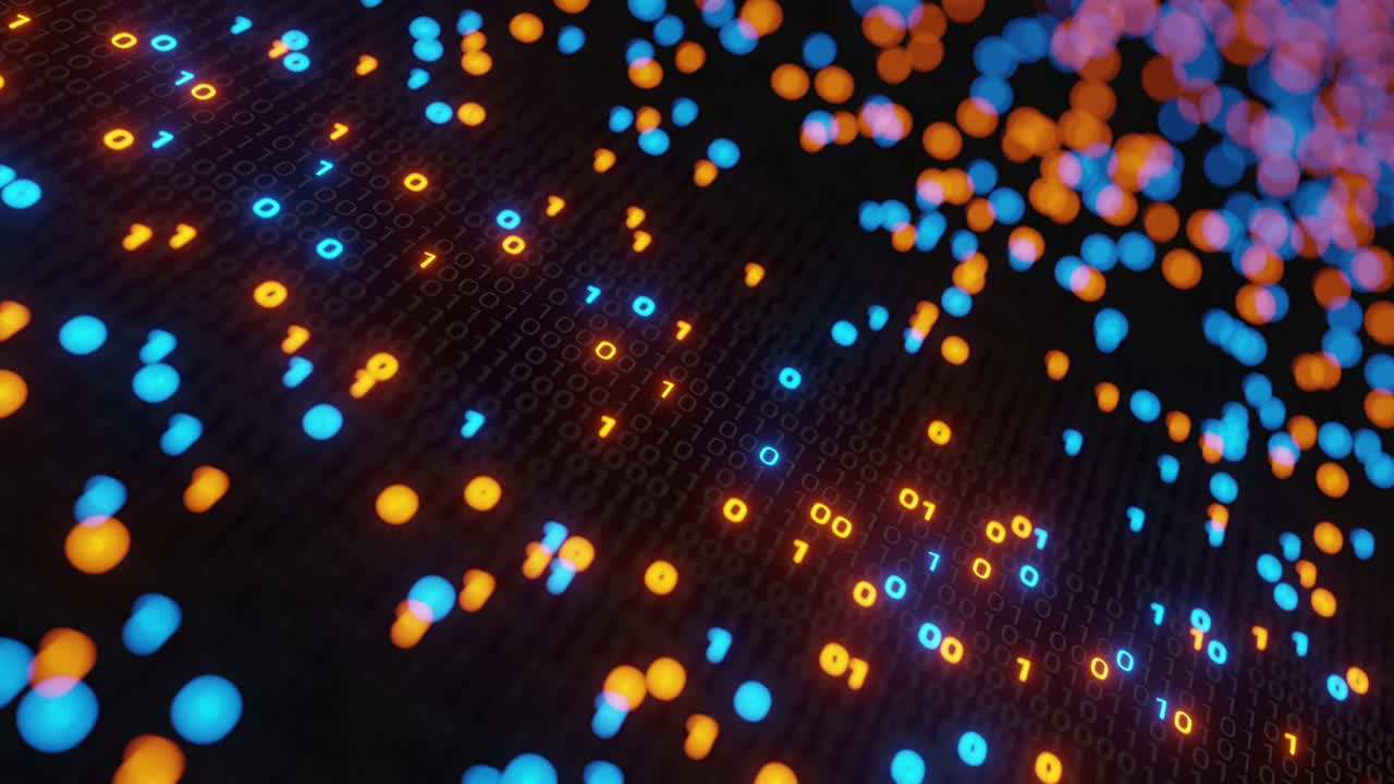 abstract sin costuras azul y naranja código digital binario matriz fondo vj bucle con llamarada.