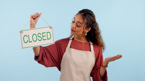 Woman,-waitress-and-closed-sign-with-hand-gesture