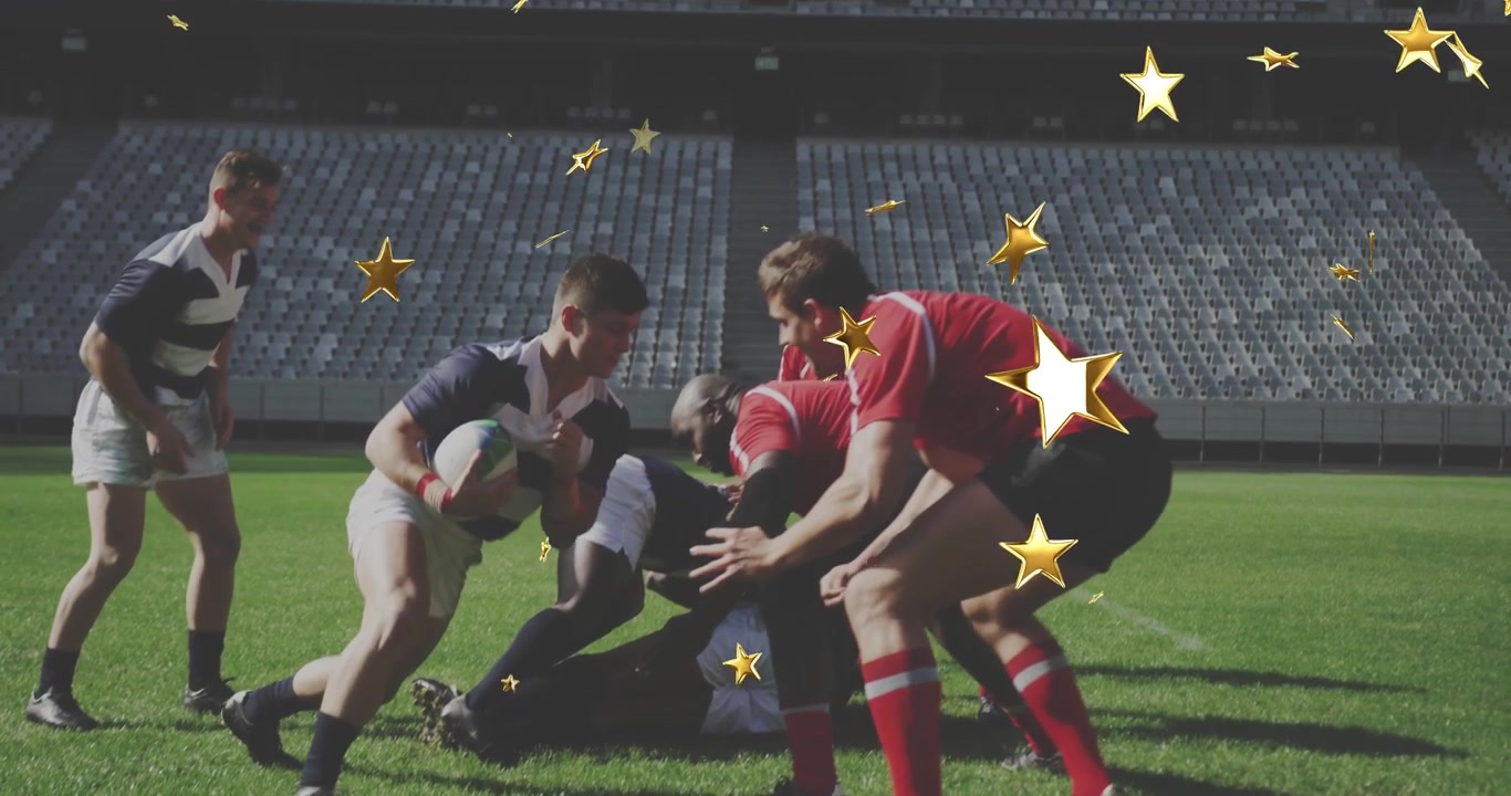 Rugby pack vormt een ruck na een tackle, marineblauwe spelers stellen de bal veilig, met gouden sterren die over de pack zweven