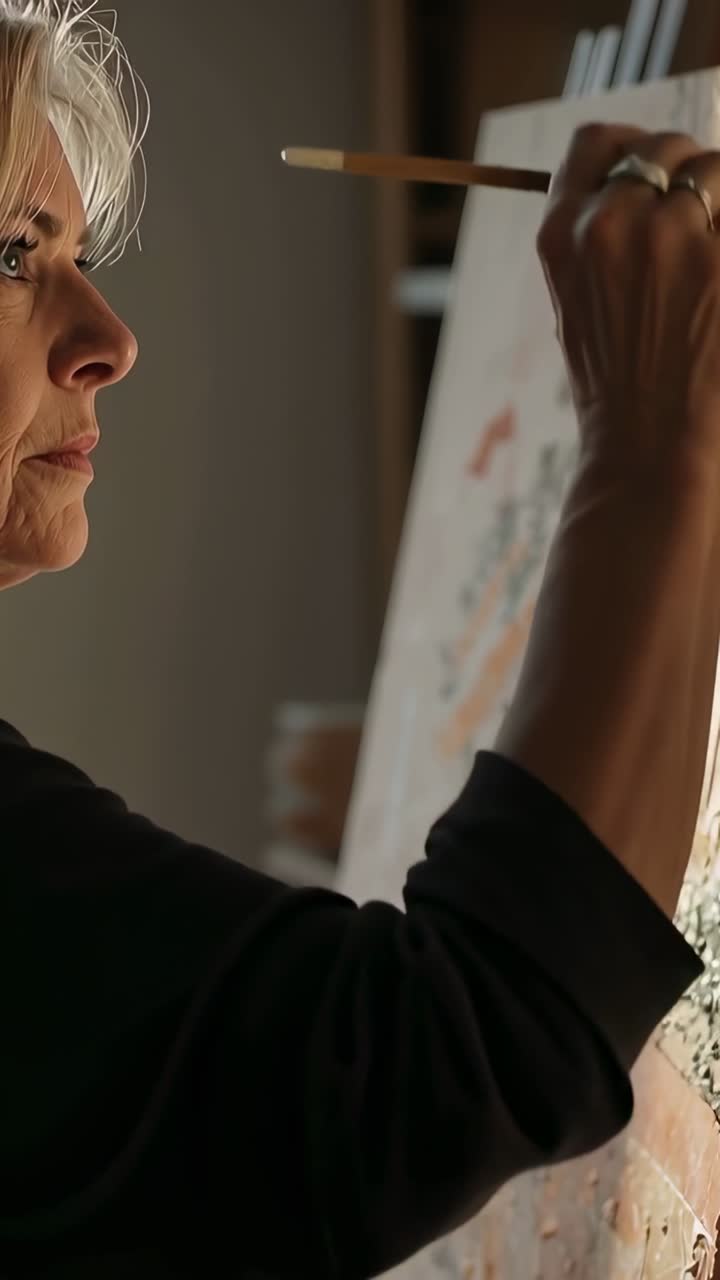 Video verticale: Artista pittrice che perfeziona un'opera su tela in studio con un pennello, top scuro, spazio per il testo.