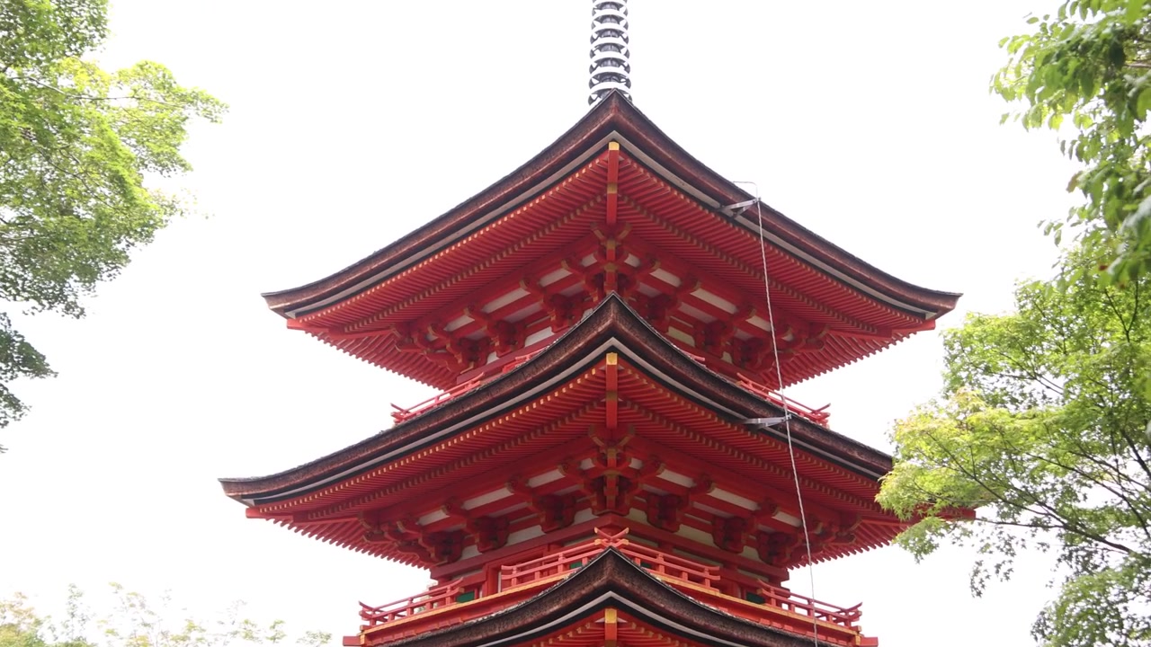 Opadgående vinkel: Indrammet af sommerløv rejser Kiyomizu-deras cinnoberrøde tre-etagers pagode sig over Kyotos Higashiyama-bakker, fremhævende klassisk buddhistisk arkitektur og lagdelte træudhæng